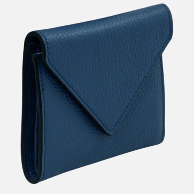 Blue pebbled leather envelope clutch with a fold-over flap, side view of the purse.