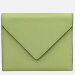 Lime green leather wallet with a triangular flap and visible stitching on the edges, close-up product shot