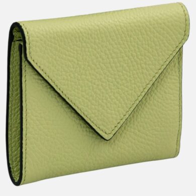 Lime green textured leather wallet with an envelope-style flap and visible stitching.