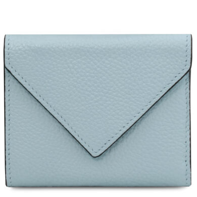 Light blue pebbled leather wallet with an envelope-style flap, viewed from the front.