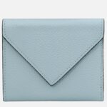 Light blue pebbled leather wallet with an envelope-style flap, viewed from the front.