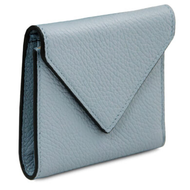 Blue leather envelope clutch wallet with a flap over fold and textured grain surface