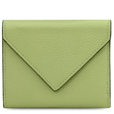 Lime green leather wallet with a triangular flap and visible stitching on the edges, close-up product shot