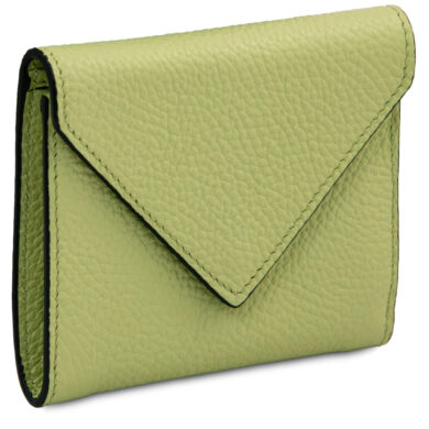 Lime green textured leather wallet with an envelope-style flap and visible stitching.
