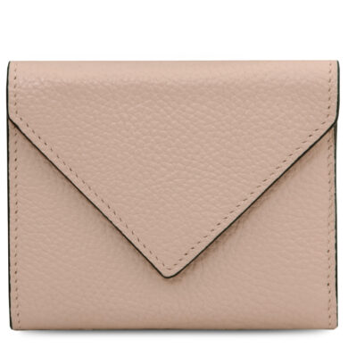 Peach pebble-grain leather wallet with an envelope-style flap, front view.