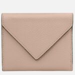 Peach pebble-grain leather wallet with an envelope-style flap, front view.