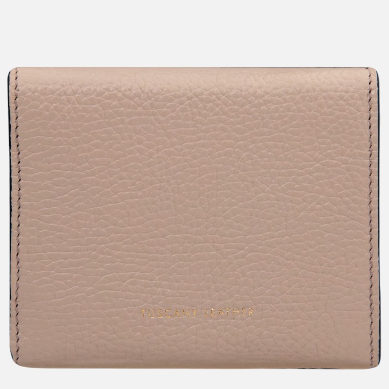 Light pink pebble-grain leather wallet with stitched edges and gold-embossed brand name near the bottom.