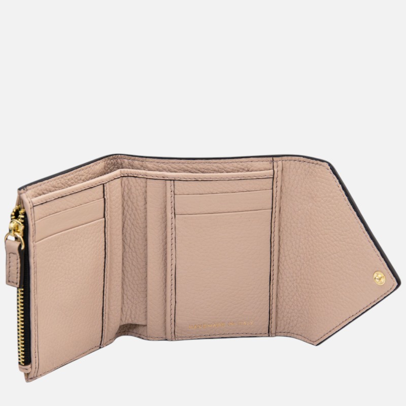 Open beige leather wallet showing multiple card slots and a zippered compartment on the left