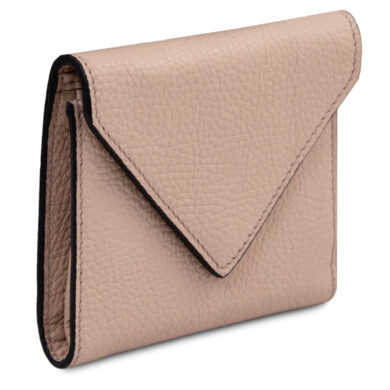 Beige pebbled leather envelope-style wallet with fold-over flap and black edging.