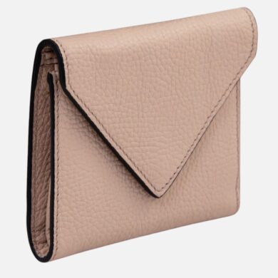Beige pebbled leather envelope-style wallet with fold-over flap and black edging.