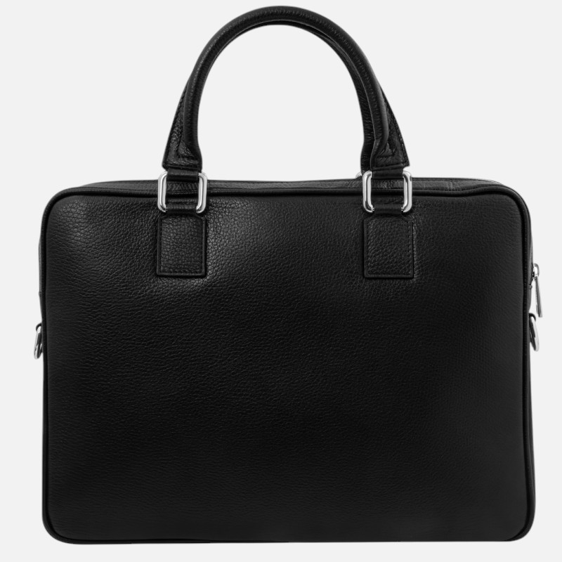 Black leather briefcase with two top handles and silver metal hardware against a plain background, closed zip top edge visible on sides.