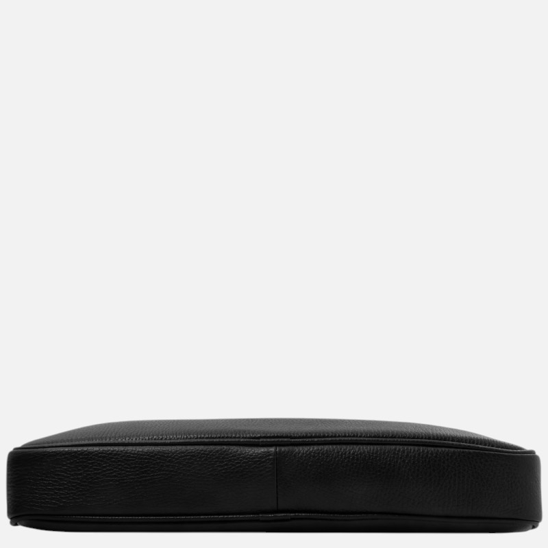 Black textured leather laptop sleeve laid flat on a white background, shown from the side.