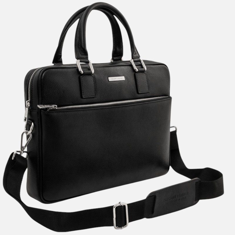 Black leather briefcase with two top handles, a front zip pocket, and a detachable shoulder strap