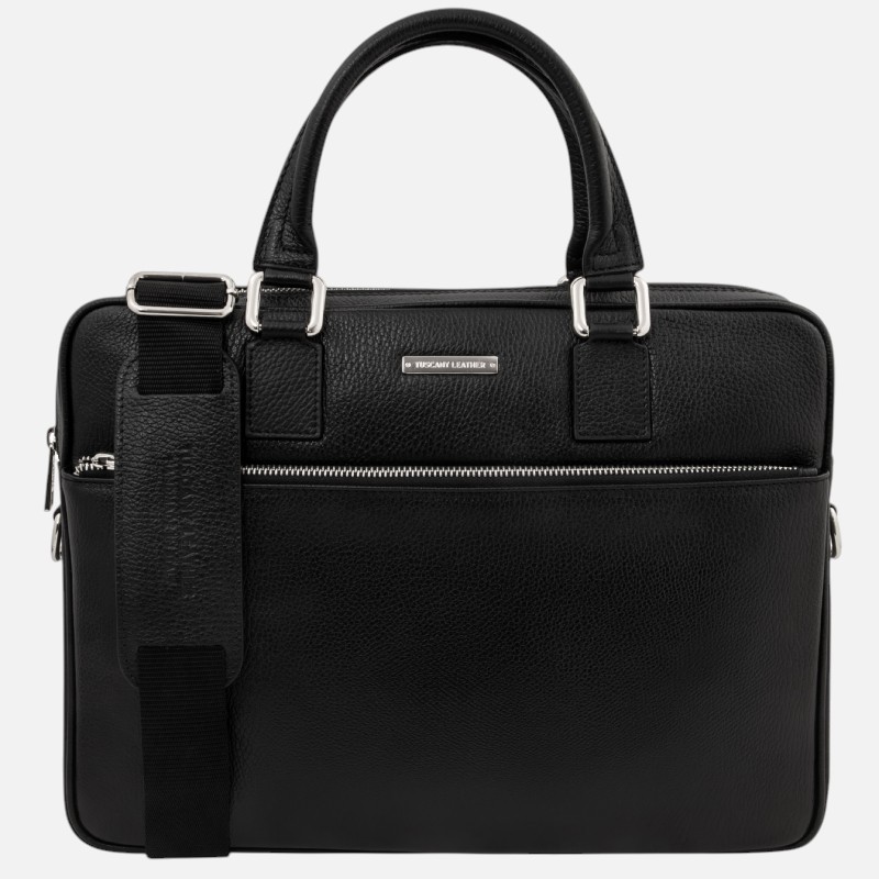 Black textured leather briefcase with two handles, a detachable shoulder strap, and a front zip pocket with silver hardware.
