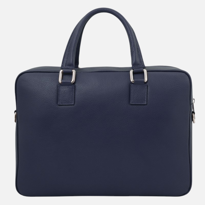 Navy blue leather briefcase with two top handles and silver hardware, zipper along the side, suitable for carrying documents.