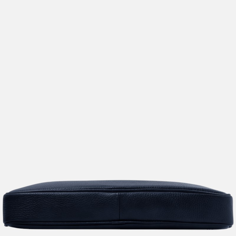 Side view of a navy blue leather laptop/tablet sleeve on a white background, minimalist and flat.