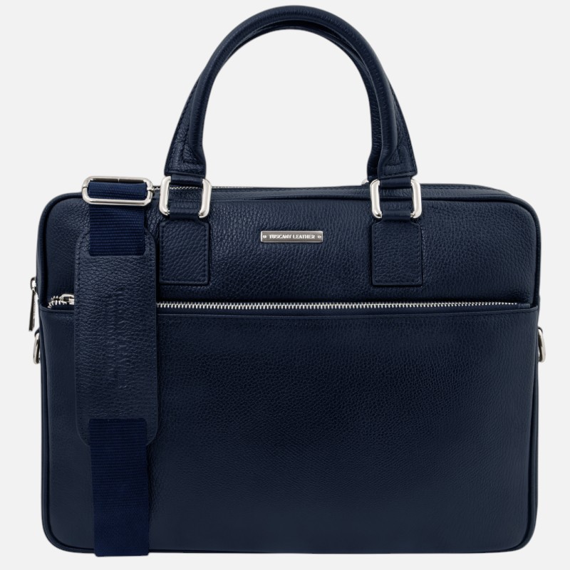 Navy blue leather briefcase with two top handles and a detachable shoulder strap, featuring a front zip pocket.