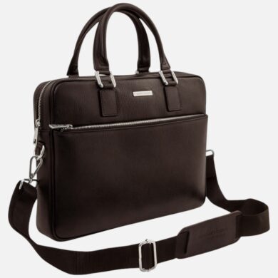 Dark brown leather briefcase with two top handles, front zip pocket, and a detachable shoulder strap on a light background.