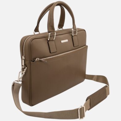 Brown leather-style briefcase with top handles and a detachable shoulder strap, featuring a front zip pocket and metal hardware.