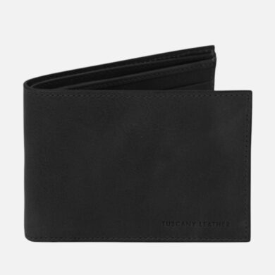 Black leather bi-fold wallet with subtle stitching and the brand 'Tuscany Leather' embossed on the lower right edge