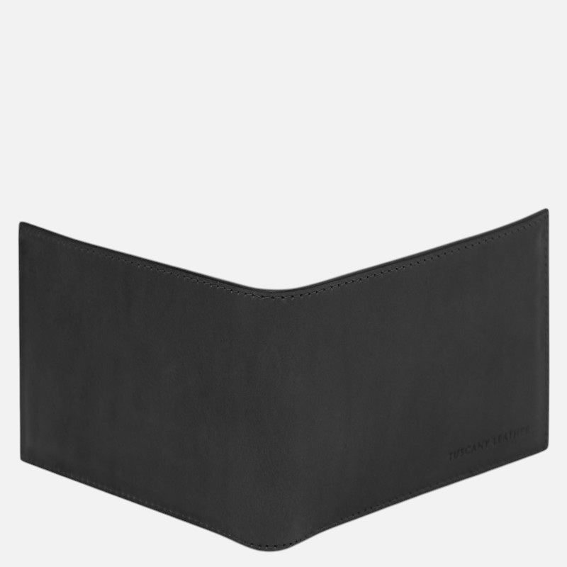 Black leather wallet with a curved top edge and 'Tuscany Leather' embossing on the lower right corner