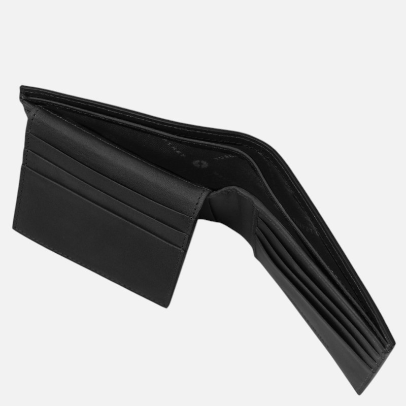 Black leather bi-fold wallet opened to show card slots and a currency compartment