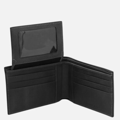 Black leather bifold wallet open, showing multiple card slots and a clear ID window on the left.