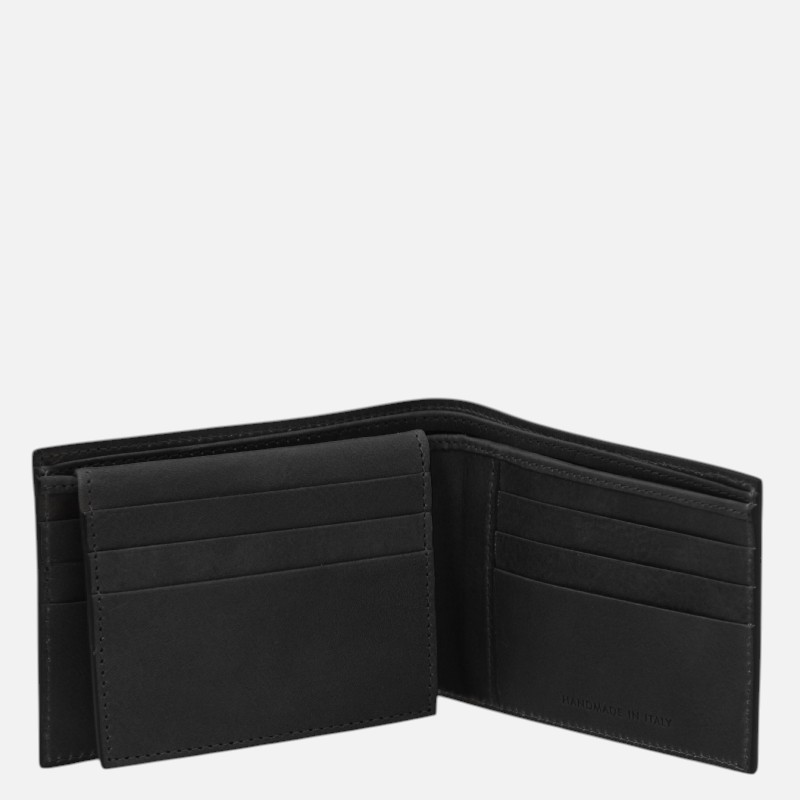 Open black leather wallet showing multiple card slots on both sides, with a slim, minimalist design.
