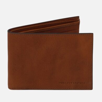 Brown leather bi-fold wallet with stitched edges and subtle Tuscany Leather branding on the front corner.