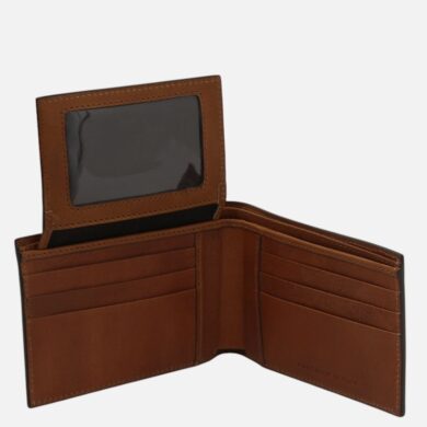 Brown bifold leather wallet opened to show multiple card slots and an ID window; handmade in Italy.