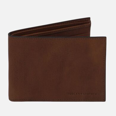 Brown leather bi-fold wallet with visible stitching and a subtle Tuscony Leather branding on the bottom right edge of the front panel
