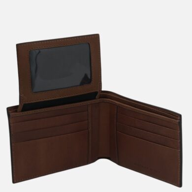 Open brown leather wallet with multiple card slots and clear ID window, showing handmade in Italy finish