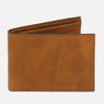Brown leather bifold wallet with visible stitching and brand imprint 'TUSCANY LEATHER' in the corner