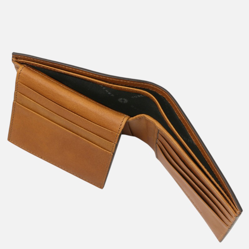 Brown leather wallet opened to reveal card slots and a central bill compartment.