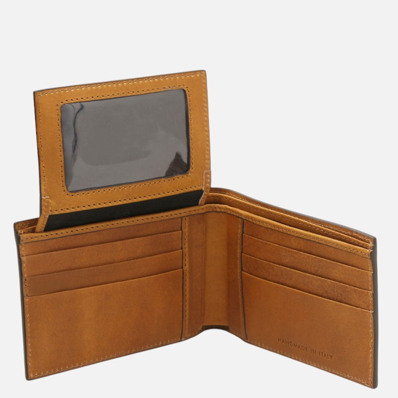 Open tan leather wallet displaying multiple card slots and a clear ID window; labeled 'HANDMADE IN ITALY' on the inside pocket.