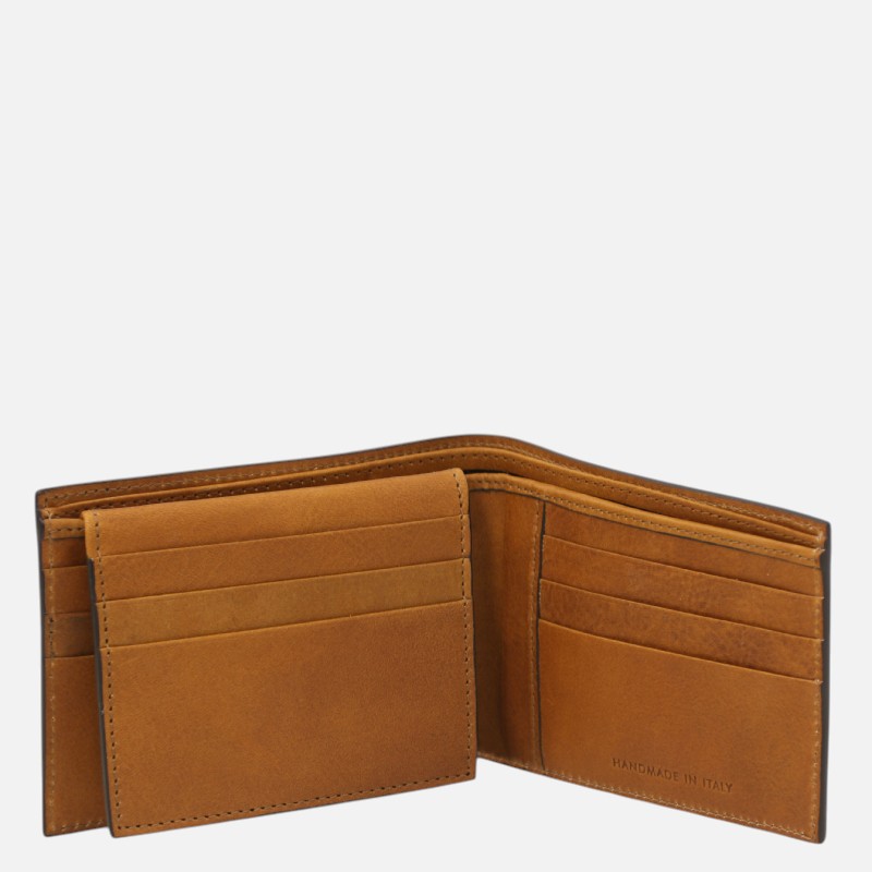 Tan leather bi-fold wallet open to reveal multiple card slots on both sides; handmade in Italy.