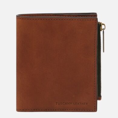 Brown leather zippered wallet with visible stitching and the 'Tuscany Leather' logo on the front.