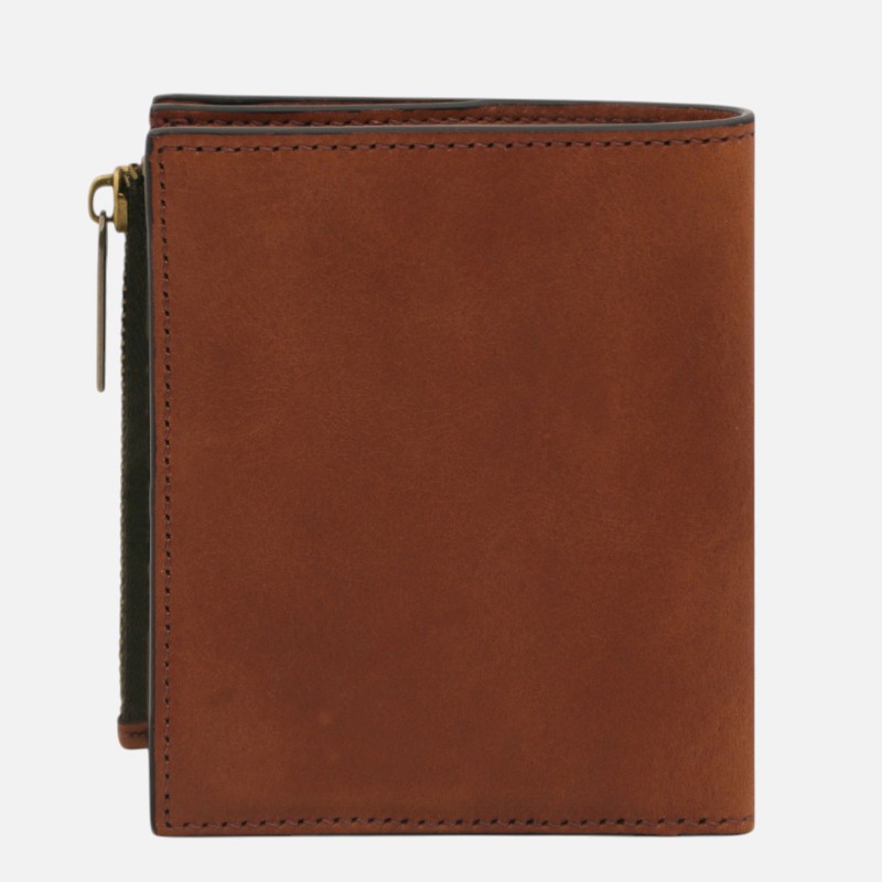Brown leather zip-around wallet with visible stitching on a clean background, front view.