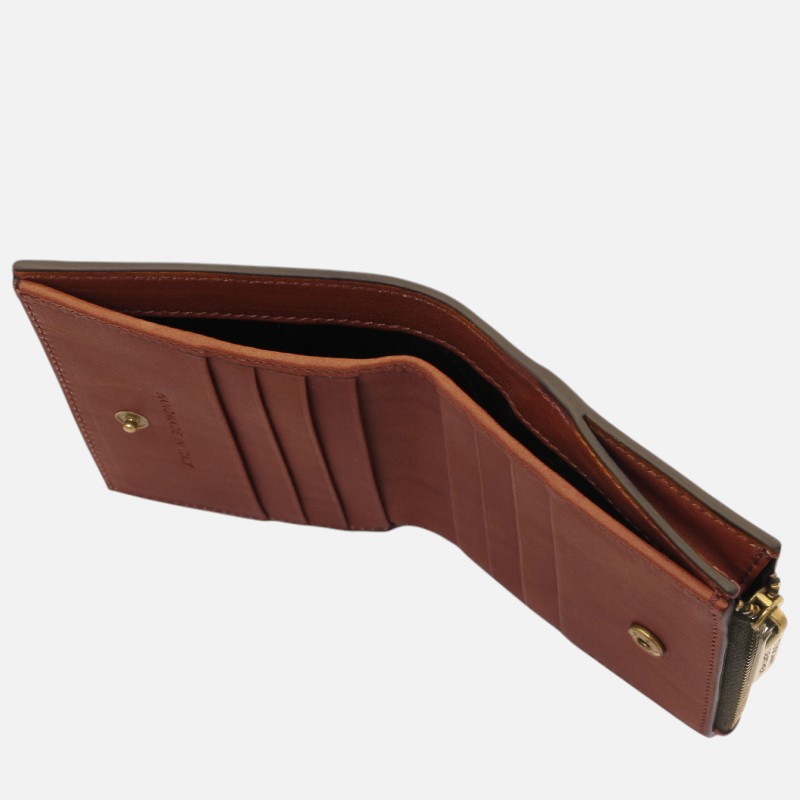 Brown leather wallet opened to reveal card slots and a zippered coin pocket in the corner of the wallet surface signifying its use for cards and coins.