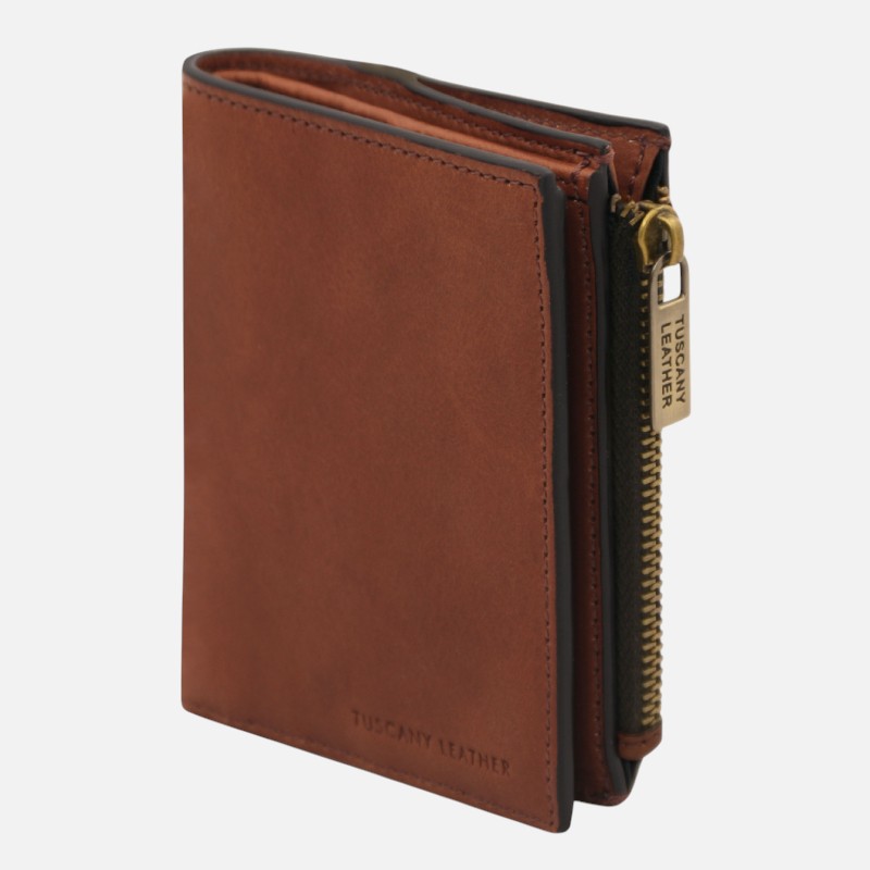 Brown leather wallet with a gold zipper along the right edge, embossed 'Tuscan Leather' on the front.