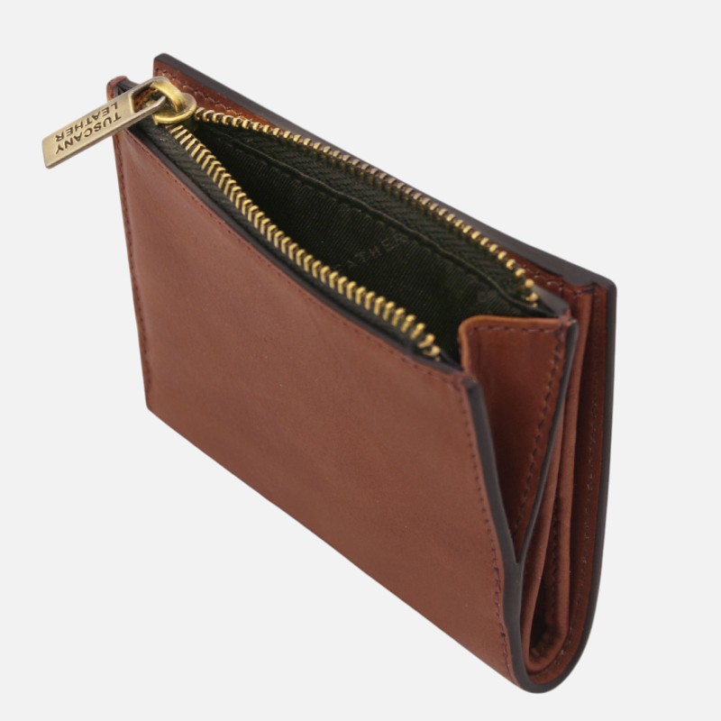 Brown leather wallet with a gold zipper opened to show the coin pocket and card slots inside the black fabric lining