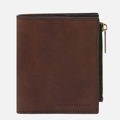Brown leather wallet with a zippered side pocket and subtle stitching, branded 'TUSCANY LEATHER' at the bottom corner