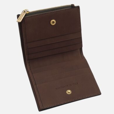 Brown leather wallet open to reveal multiple card slots and a 'Handmade in Italy' stamp on the interior.