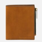 Brown leather wallet with a zippered side pocket, embossed 'Tuscany Leather'.
