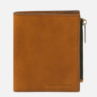 Brown leather wallet with a zippered side pocket, embossed 'Tuscany Leather'.