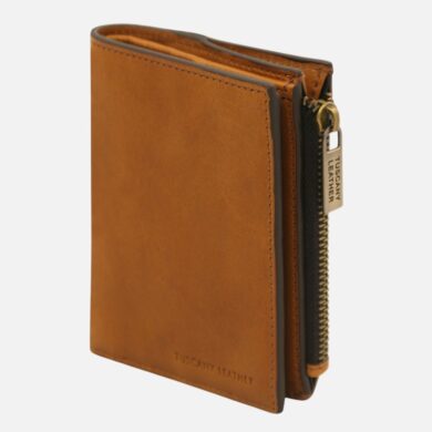 Brown leather wallet with a gold zipper along the right edge and embossed 'TUSCANY LEATHER' on the front corner