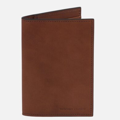 Brown leather wallet standing upright with visible stitching and a subtle 'TUSCANY LEATHER' stamp on the lower corner.