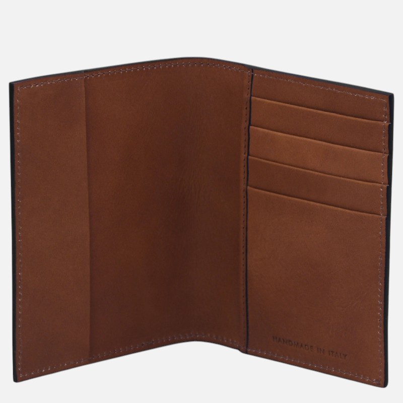Brown leather bi-fold wallet opened to show a large left pocket and right side with multiple card slots; handmade in Italy.