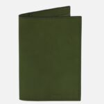 Olive green leather wallet with black stitching, partially open at the top; Tuscany Leather logo at the bottom edge.