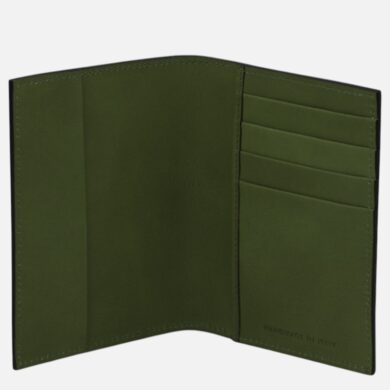 Open olive-green leather wallet showing six card slots on the right and a large left pocket; 'HANDMADE IN ITALY' stamped inside.